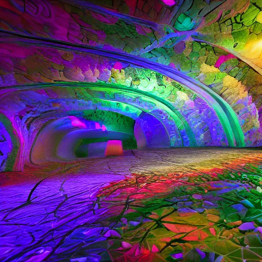 Image similar to underground cinema, realistic architecture, colorfull lights, octane render, 4k, 8k, fractals, psychedelic