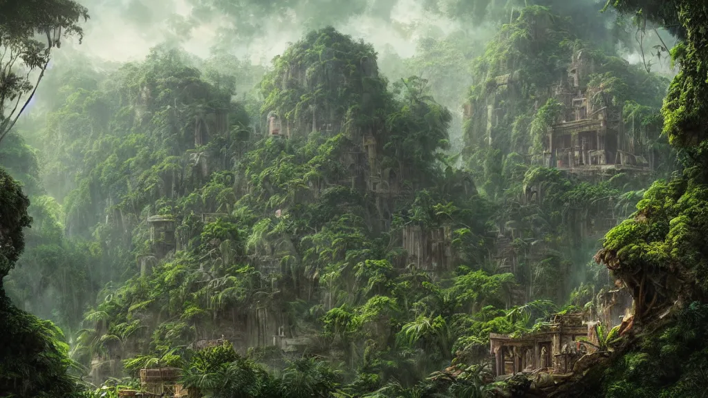 Prompt: Trending on artstation, beautiful lost city inside a jungle, detailed matte painting, oil on canvas