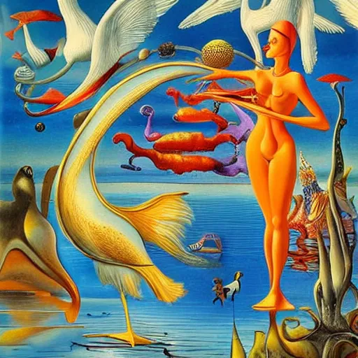 Image similar to a beautiful abstract with goldfish, pelicans and a human couple in an alien landscape by salvador dali and gerald brom w 1 0 2 4