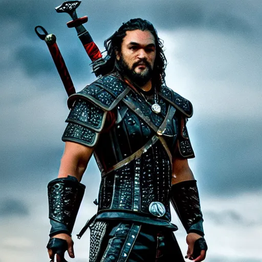 Prompt: photo of Jason Momoa as Witcher, from Witcher (2021), Netflix, portrait, medium shot, high-quality photo,