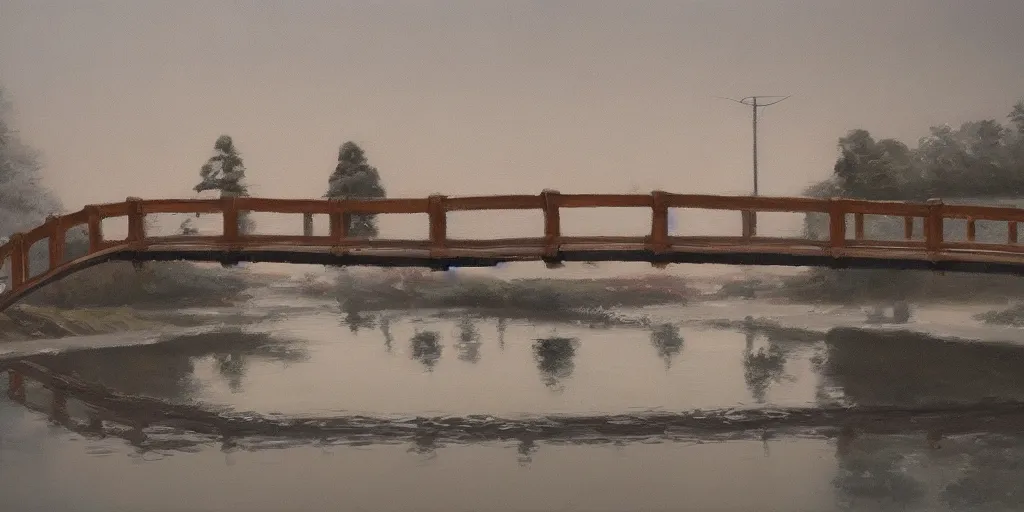 Prompt: Japanese footbridge, cinematic lighting, detailed oil painting, hyperrealistic, 8k