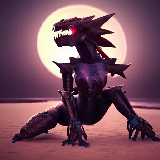 Prompt: high quality realistic shot of a beautiful and stunning anthropomorphic female robot dragon, sitting on the beach at night, high quality digital art, 3D, artstation, deviantart, furaffinity