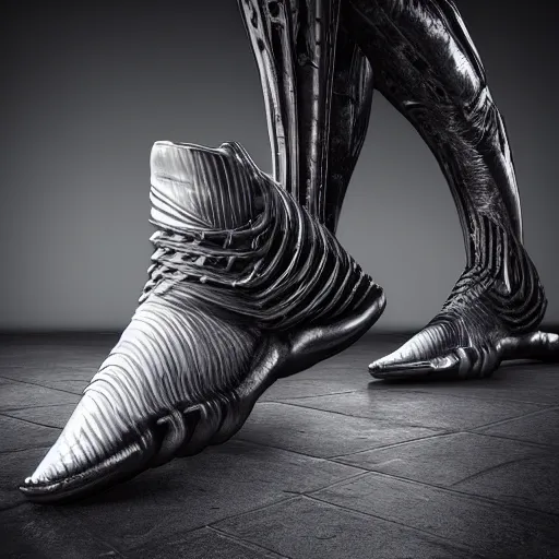 Image similar to futuristic balenciaga and vetements sneakers in giger style on gradient background, ultra rendered extreme realism and detail, 8 k, highly detailed, realistic, completely framed, pbr, hyper realistic, photorealistic, sharp focus,