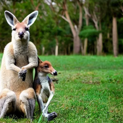 Image similar to a kangaroo and a very cute white rural dog photograph, high quality, award winning, National Geographic