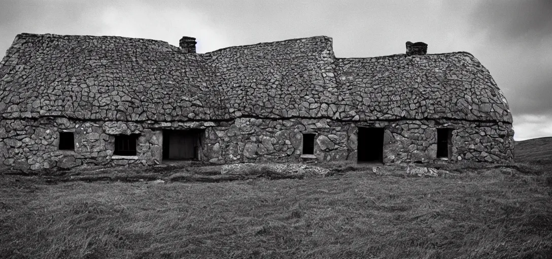 Image similar to scottish blackhouse made of white marble. fujinon premista 1 9 - 4 5 mm t 2. 9. portra 8 0 0.