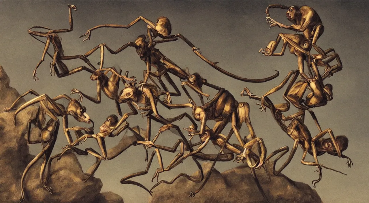 Image similar to 7 monkeys riding giant biomechanics ants, by most renowned artist of the romanticism, hiperrealism,