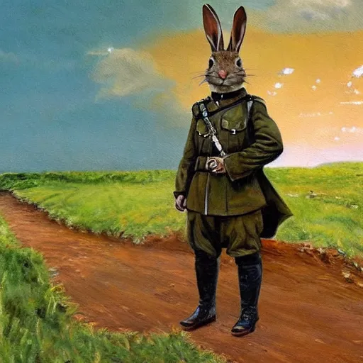 Image similar to a painting of a rabbit wearing a russian world war 1 uniform, standing at the edge of a muddy trench