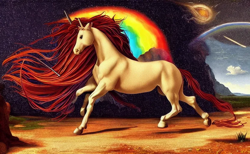 Image similar to a lonely unicorn walking on a rainbow in the universe in the style of Caravaggio, digital art, high quality, highly detailed, high coherence, anatomically correct, Caravaggio, concept art, marterpiece