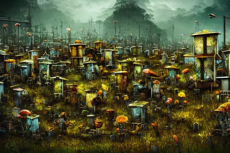 Prompt: simplicity, favela graveyard honeybee hive, fungal forest environment, industrial factory, cheerful, award winning art, epic dreamlike fantasy landscape, ultra realistic,