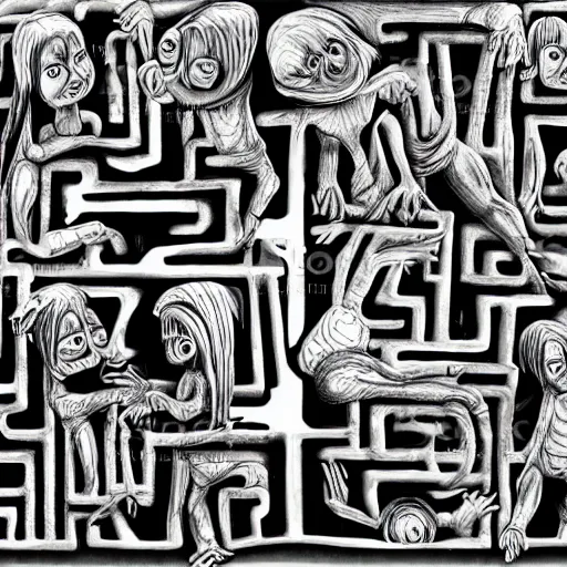 Prompt: the HR Giger kids maze stock photo