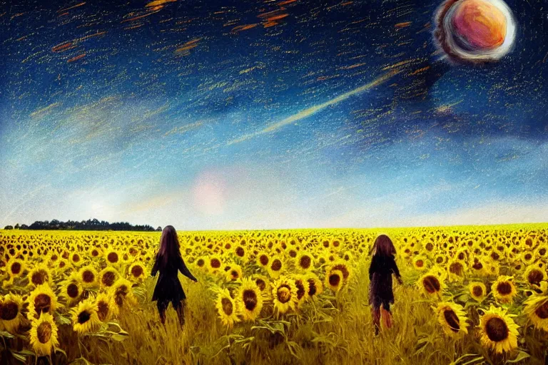 Image similar to huge sunflower head, girl walking in wheat field, hills, surreal photography, dark night, star trails, dramatic light, impressionist painting, clouds, digital painting, artstation, simon stalenhag