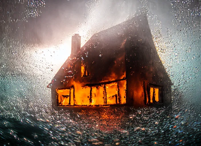 Image similar to dslr photo still of a house on fire under the water under water at the bottom of the ocean with lots of bubbles and light rays, 8 5 mm f 1. 8