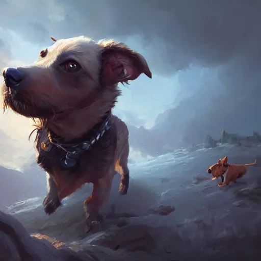 Prompt: chiweenie and goldendoodle, oil painting, Tooth Wu, Greg Rutkowski, RPG portrait, dynamic lighting, fantasy art, High contrast, depth of field