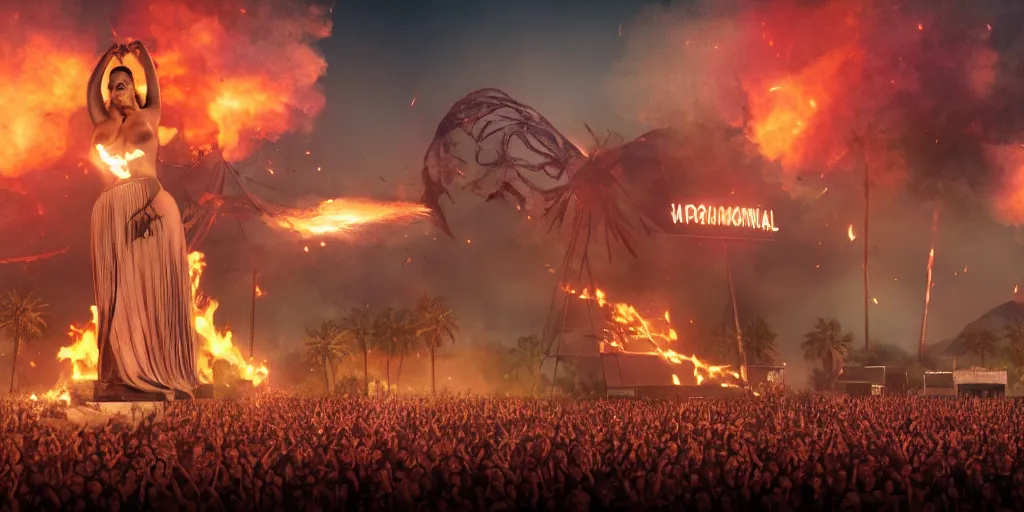 Prompt: realistic cinematic views of a orwellian coachella with fires in the background and dead birds falling from the sky in front of the main stage worshipping a large statue of kim kardashian, hyper detailed, terror glows, hyper realistic, digital painting, 8 k, 3 5 mm film grain, octane render