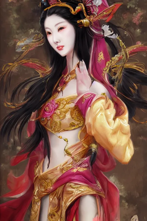 Prompt: diao chan from romance of three kingdoms in the pretty paintetly style of WLOP, artgerm, brush stroke oil painting pre raphaelite, imagine fx, artstation
