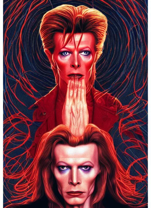 Prompt: twin peaks poster art, portrait of david bowie lost in the labyrinth of the red room, other dimension, this is his fate for the next two years, by michael whelan, rossetti bouguereau, artgerm, retro, nostalgic, old fashioned