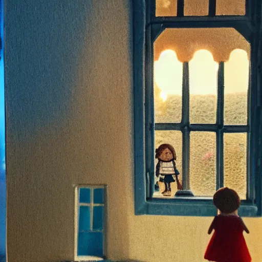 Prompt: grandma's house with a magical window to a sandcastle world, a little girl, immense detail, warm light