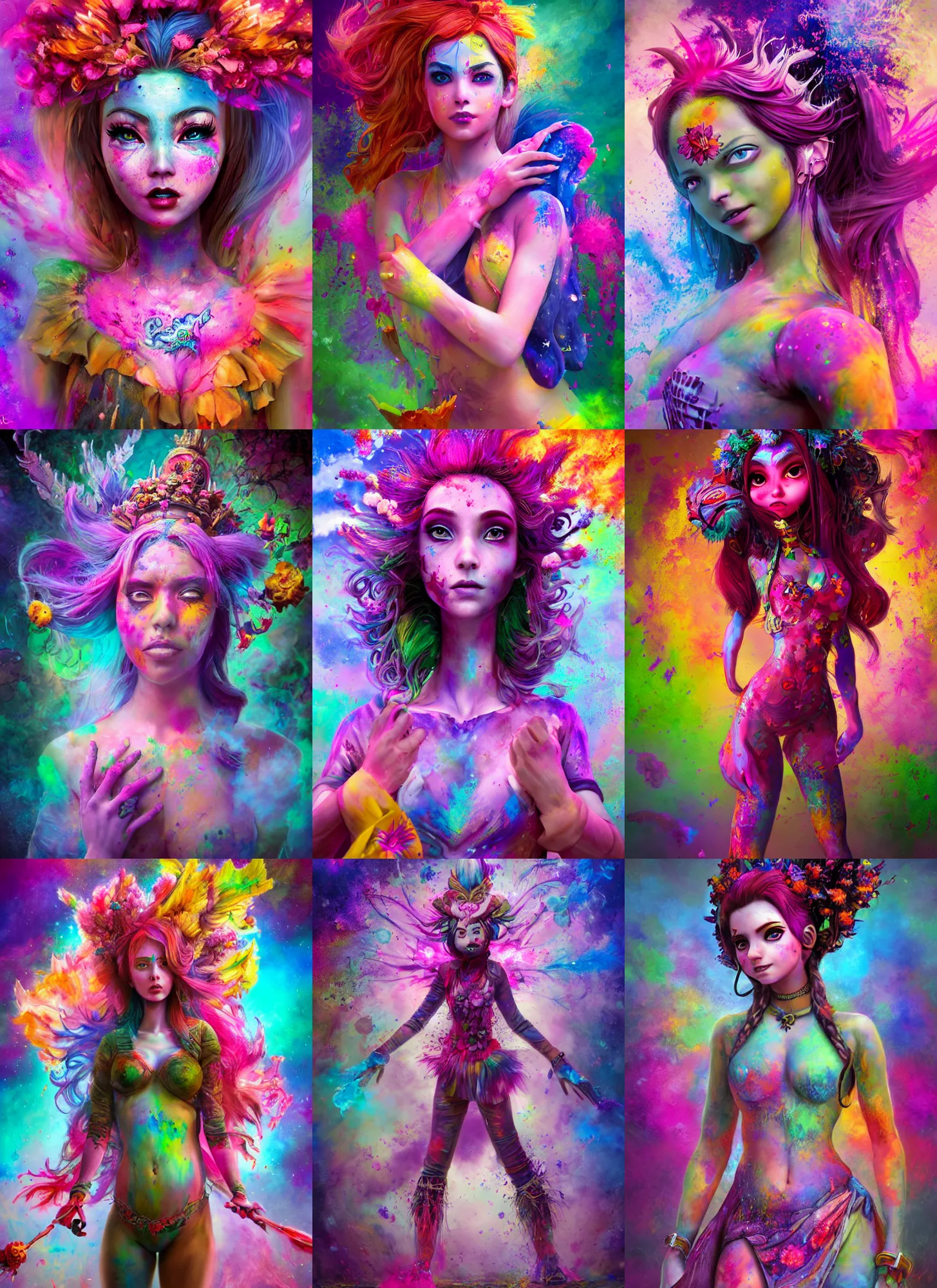 Prompt: An epic fantasy comic book style full body portrait painting of a very beautiful floral vibrant holi nebulapunk girl, awesome pose, character design by Mark Ryden and Pixar and Hayao Miyazaki, unreal 5, DAZ, hyperrealistic, octane render, cosplay, RPG portrait, dynamic lighting, intricate detail, summer vibrancy, cinematic