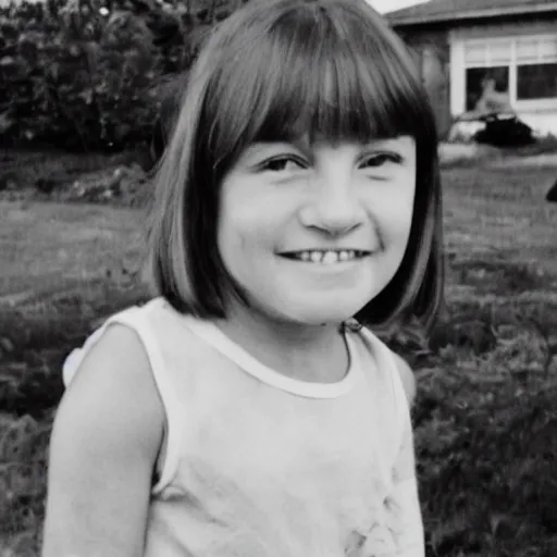 Prompt: side photo of a very young girl in the foreground with short straight hair gives a sideways glance and a smirk smile at the camera. in the background, slightly out of focus, we see a burning house. high resolution photograph