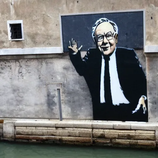 Image similar to A photograph of a Banksy painting of Warren Buffet in Venice