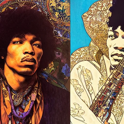 Image similar to artwork by Franklin Booth and Alphonse Mucha showing a portrait of Jimi Hendrix