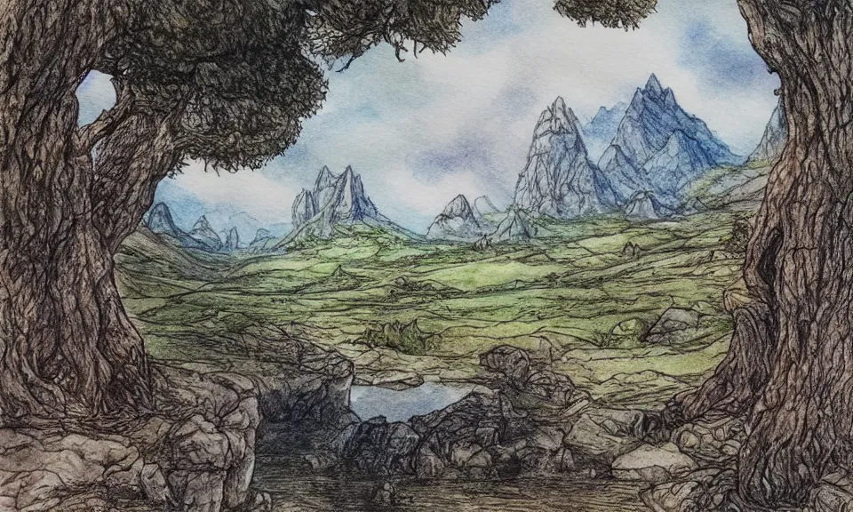 Image similar to lord of the rings landscape, beatrix potter style, pen and watercolor, epic, award-winning, 4k