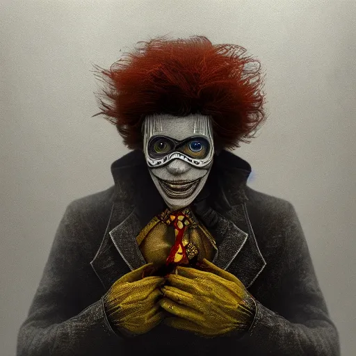 Image similar to Very very very very highly detailed epic central composition photo of Ronald McDonald face, intricate, dystopian, sci-fi, extremely detailed, digital painting, smooth, sharp focus, illustration, intimidating lighting, incredible art by Brooke Shaden, artstation, concept art, Octane render in Maya and Houdini