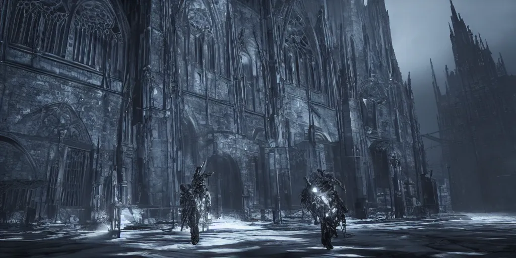 Image similar to grimdark tsutomu nihei aposimz gothic cathedral city, unreal engine, 8 k, ultra realistic, ultra detail