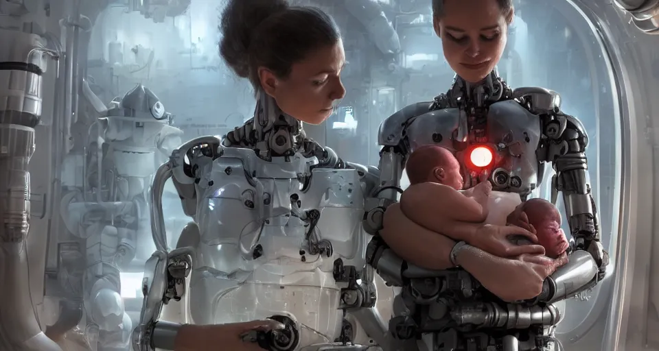 Prompt: a very realistic movie still of a cyborg woman holding a newly born cyborg baby in a cyborg factory, highly detailed render by beeple, syd meade, starwars, space art concept, sci - fi, digital art, unreal engine, wlop, trending on artstation, 4 k uhd image, octane render