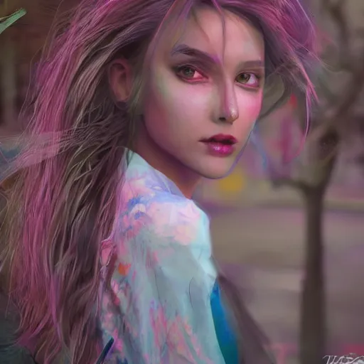 Prompt: selfie of a young woman, winged eyeliner, pastel clothing, urban environment, depth of field, octane render, digital painting, trending on artstation