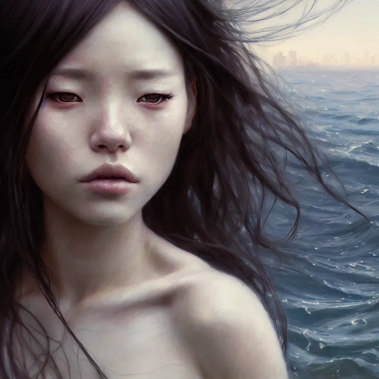 Image similar to epic cinematic portrait of a girl by the river, portrait as miho hirano, with loose white hair, shiny skin, slim figure, small details, realistic poster with three - dimensional dramatic light, artgerm, jeremy lipkin and michael garmash, unreal engine, radiant light, detailed and complex environment, digital art, trends at art station