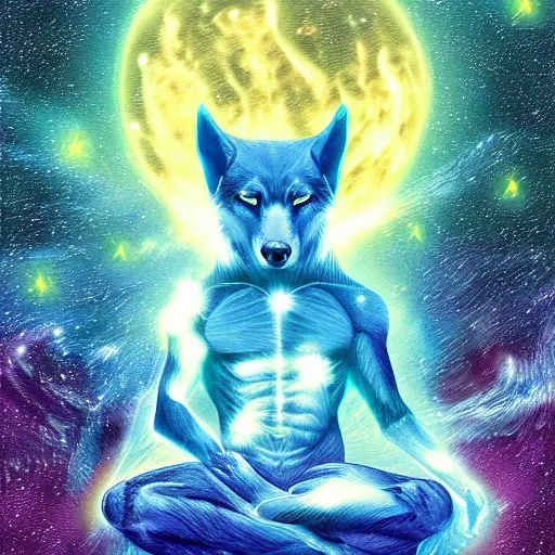 Image similar to Doctor Manhattan as a wolf meditating in outer space, stars, artstation, digital art, spiritual, award winning, colourful