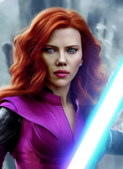 Image similar to scarlett johanson portraying a beautiful mara jade from star wars legends, in a black suit holding a purple lightsaber, movie, hyper realistic, hollywood promotional image, imax, 8 k