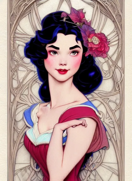 Image similar to portrait of disney snow white in a dress, intricate, elegant, highly detailed, my rendition, digital painting, loose pencil sketch, sketchy, artstation, concept art, smooth, sharp focus, illustration, art by artgerm and greg rutkowski and alphonse mucha and uang guangjian and gil elvgren and sachin teng, symmetry!!