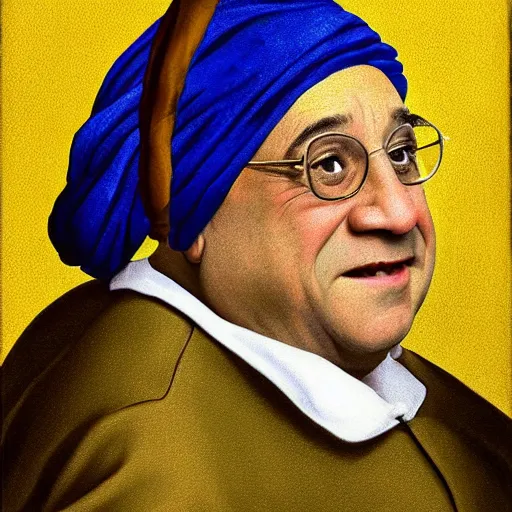 Image similar to Danny Devito with a pearl earring by Johannes Vermeer