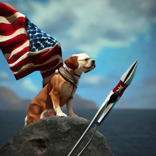 Prompt: a photo of a dog with a trident standing on top of a bald eagle, photorealistic, highly detailed, patriotic, trending on artstation