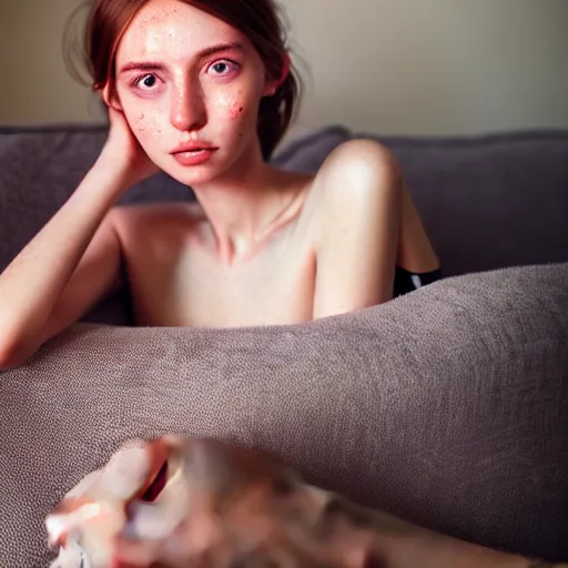 Image similar to portrait of a cute thin young woman, red blush, light freckles, soft smile, casual clothes, relaxing on the couch, home interior, golden hour, close up shot, 8 k, art by irakli nadar, hyperrealism, hyperdetailed, ultra realistic