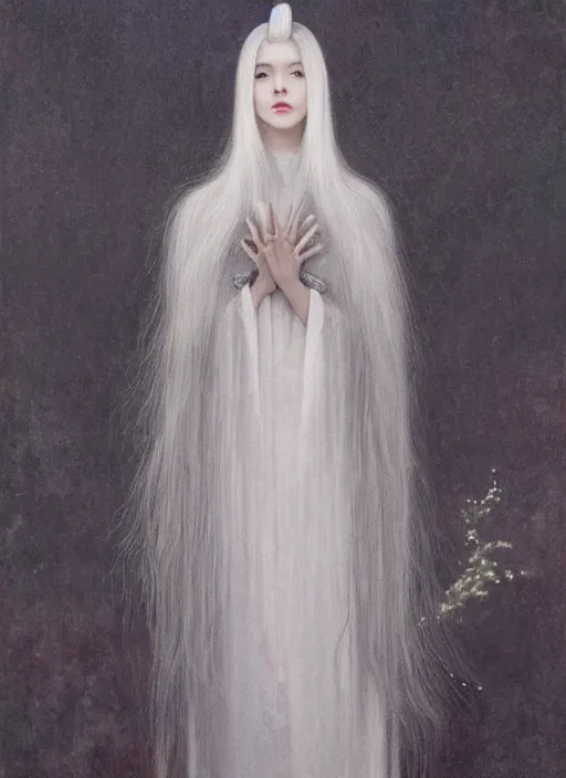 Image similar to tall thin young wan beautiful angel, silver hair so long, pale!, long silver hair, silver angel wings, wan adorable korean face, silver hair!!, style of fernand khnopff and lucien levy - dhurmer, oil on canvas, 4 k resolution, aesthetic!,