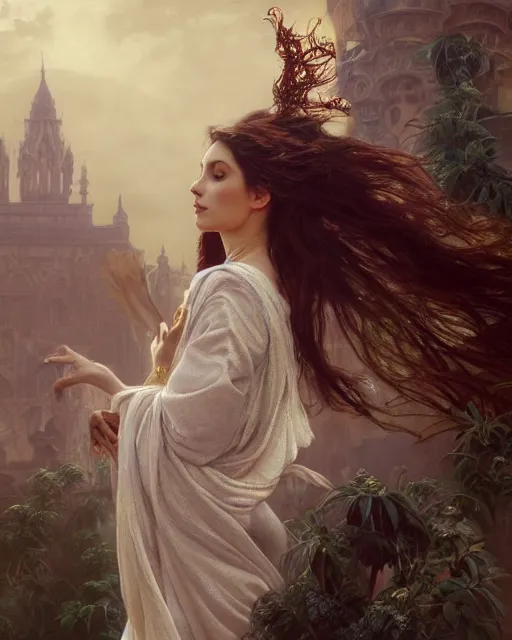 Image similar to a beautiful close up portrait of a sorceress floating on air with elegant looks, flowing robe, ornate and flowing, intricate and soft by ruan jia, tom bagshaw, alphonse mucha, wlop, beautiful roman architectural ruins in the background, epic sky, vray render, artstation, deviantart, pinterest, 5 0 0 px models