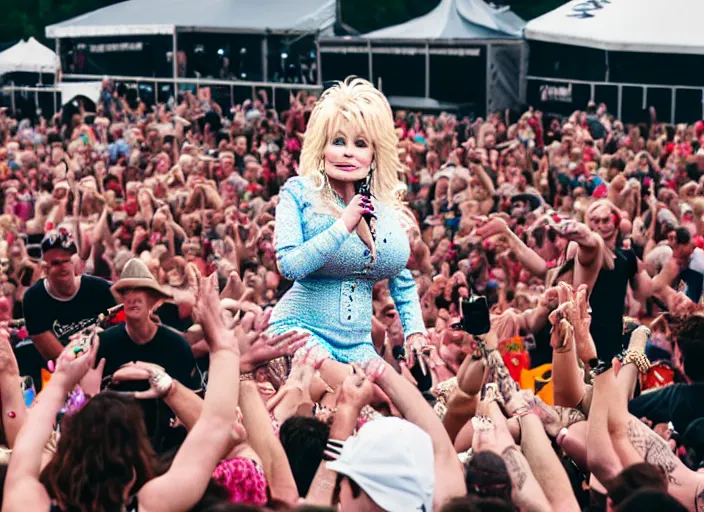 Image similar to photo still of dolly parton at the vans warped tour 2 0 1 8!!!!!!!! at age 3 6 years old 3 6 years of age!!!!!!!! stage diving into the crowd, 8 k, 8 5 mm f 1. 8, studio lighting, rim light, right side key light