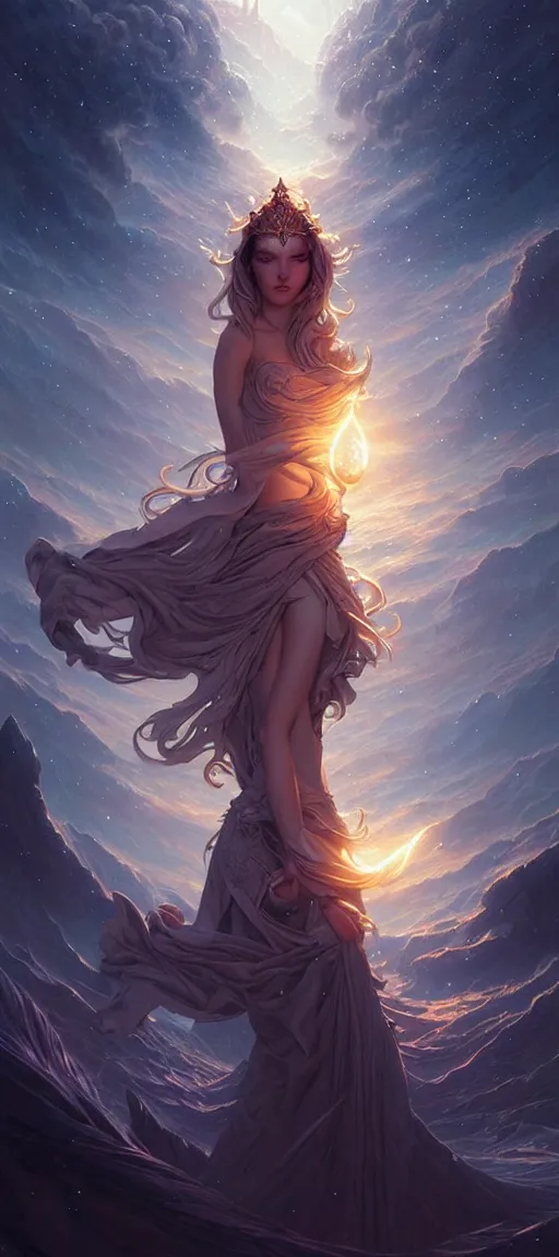 Image similar to star goddess, fine art, awesome fantasy book cover on pinterest, award winning, dark fantasy landscape, fantasy magic, intricate, elegant, sharp focus, cinematic lighting, highly detailed, digital painting, concept art, art by wlop and artgerm and greg rutkowski, masterpiece, trending on artstation, 8 k