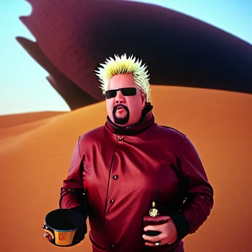 Prompt: Guy Fieri in Dune, Arrakis, photo still, cinematic, cinestill 400t film