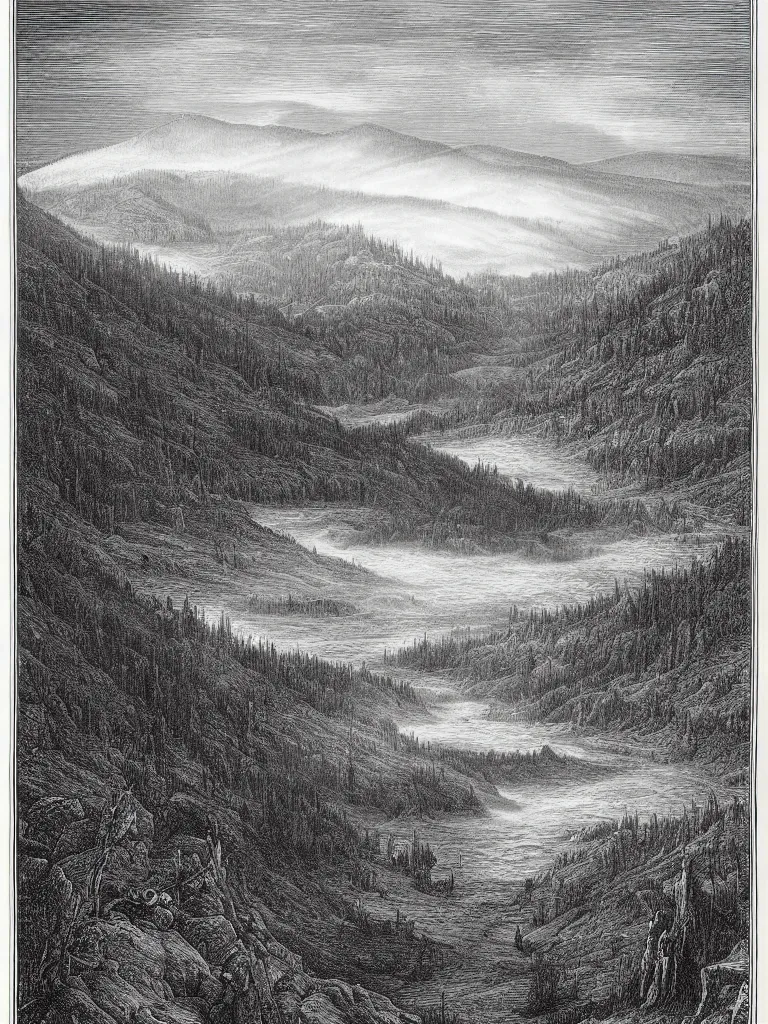 Prompt: an engraving of yellowstone national park by gustave dore and albrecht durer highly detailed, fog, depth, lithograph engraving, storybook illustration