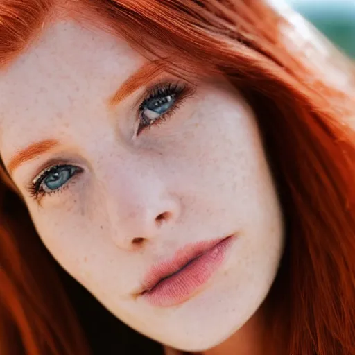 Image similar to close up photo of the left side of the face of a redhead woman who looks directly at the camera. Slightly open mouth. Whole head visible and covers half of the frame, with a park visible in the background. 135mm nikon. Intricate. Very detailed 8k. Sharp. Cinematic post-processing.