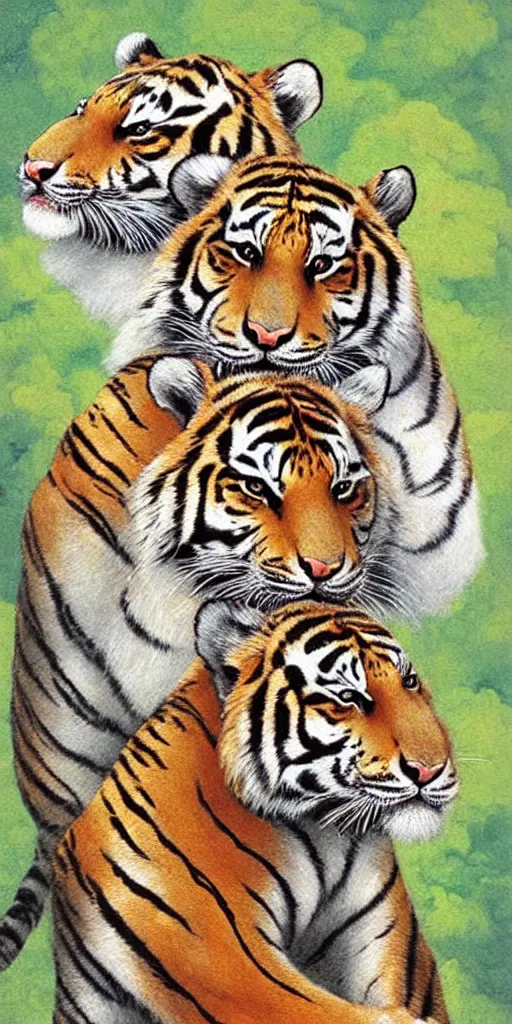 Image similar to greeting card, love, 2 beautiful siberian tigers, by tran nguyen, warm colors, cozy