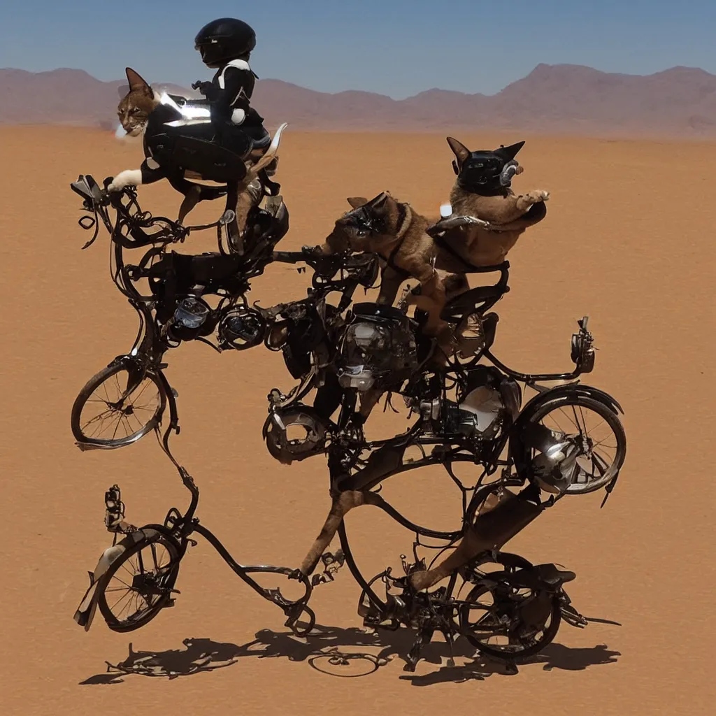 Image similar to an image of a cat riding a motercycle through the desert