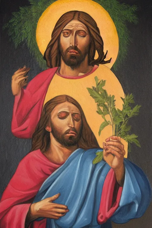 Prompt: painting of blindfolded jesus christ holding a cornucopia