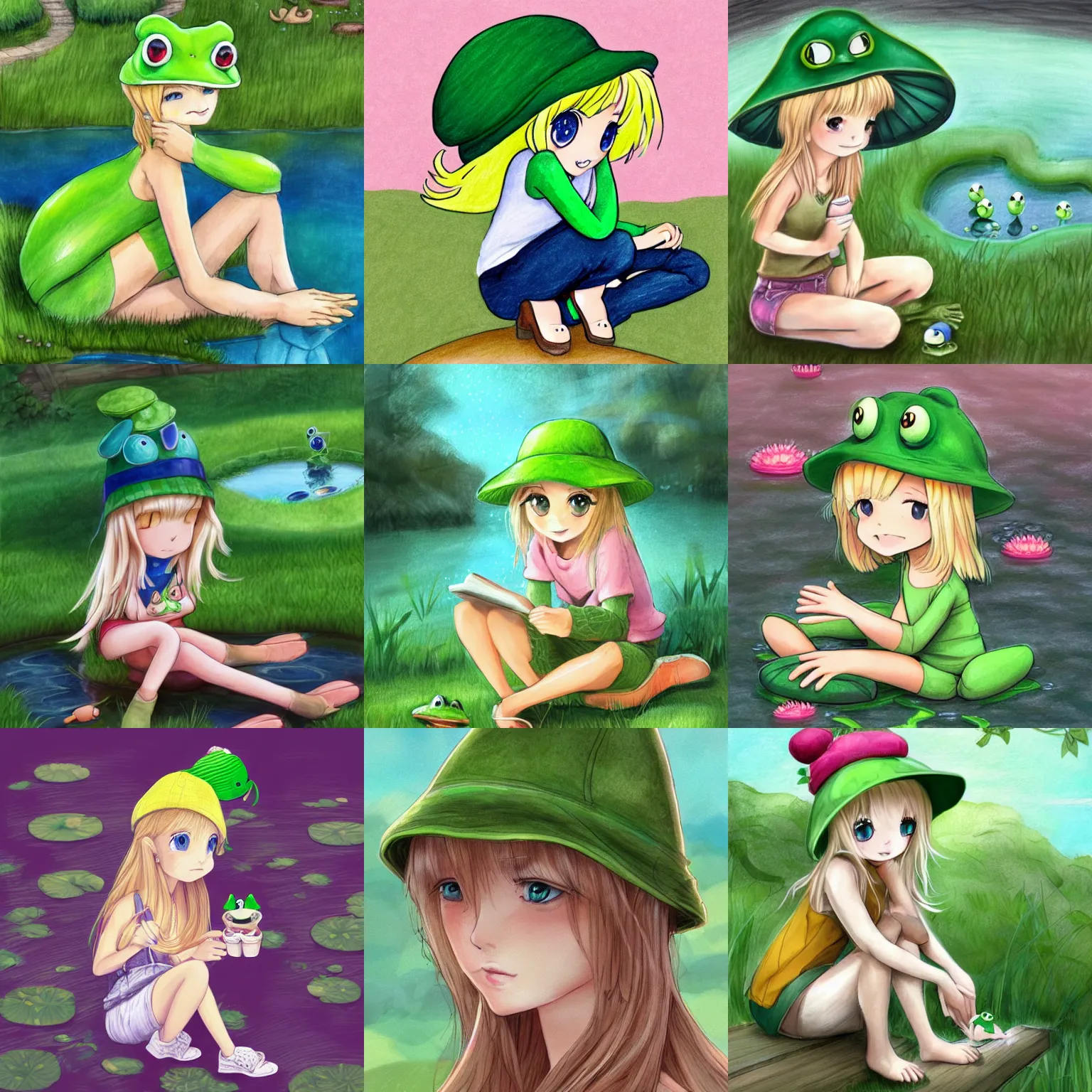 Prompt: cute blonde girl wearing a green frog hat, sitting by a pond, surrounded by little frogs, trending on artstation, anime style, well drawn, award winning, digital art, 2 d, highly detailed, very calm and wholesome, illustration, pencil and watercolour, cartoony, shoujo