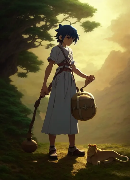 Prompt: rolleiflex tlr photo of full body portrait of a legendary lion keeper girl, finely detailed features, at a magic dungeon, gapmoe yandere grimdark, trending on pixiv fanbox, modeled by greg rutkowski makoto shinkai takashi takeuchi studio ghibli, akihiko yoshida, pixar 3 d film still, renderman