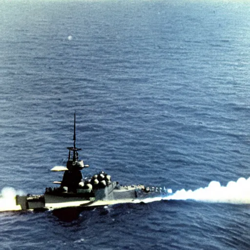 Image similar to view from the deck of a batteship firing a broadside, kamikaze planes diving, world war ii, high resolution colour photo